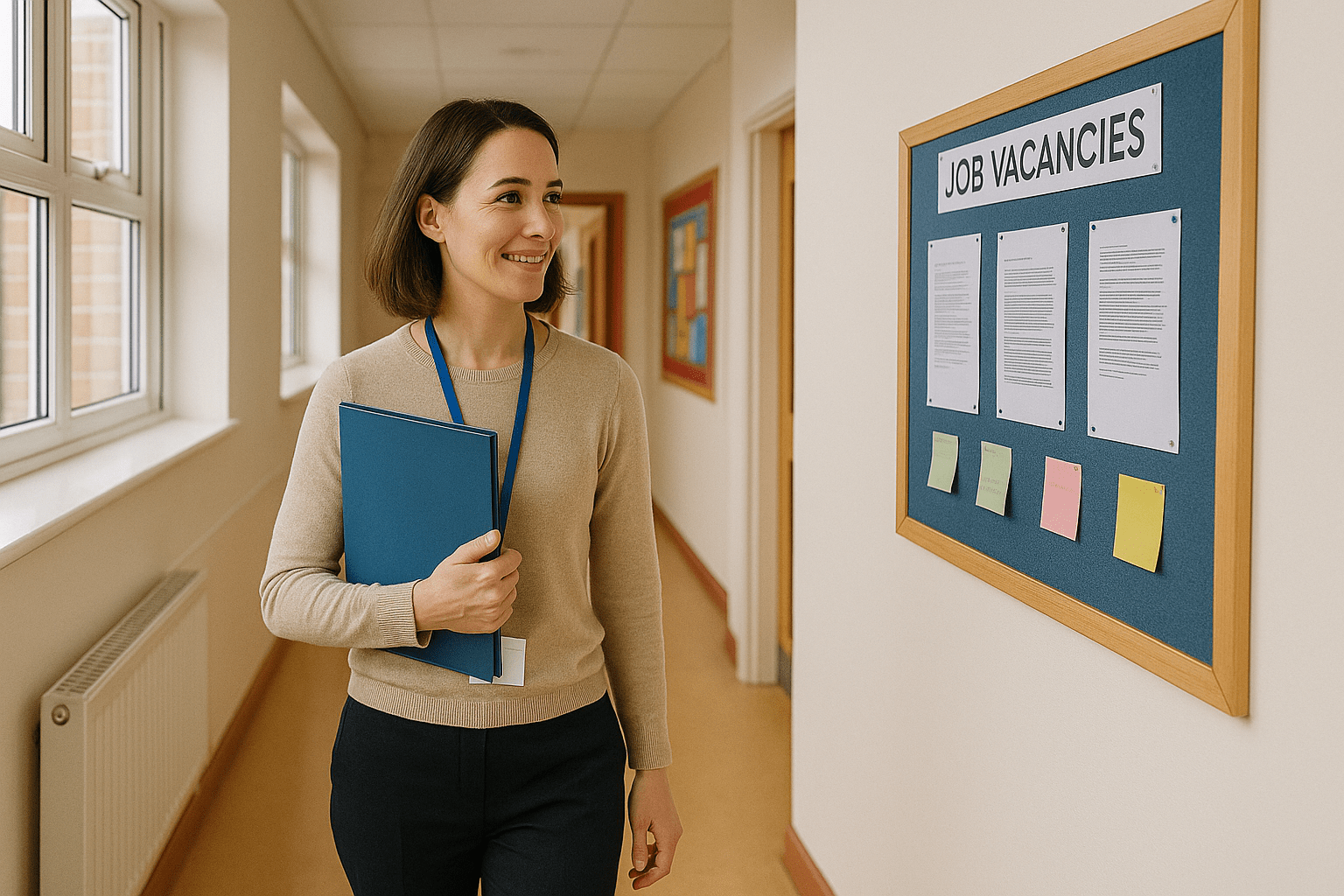 A supply teacher walking down a hallway holding a blue folder, wearing a lanyard with an ID badge. To the right, there's a bulletin board with the heading 'JOB VACANCIES,' displaying papers and colorful sticky notes. On the left, windows with a radiator beneath them line the hallway.
